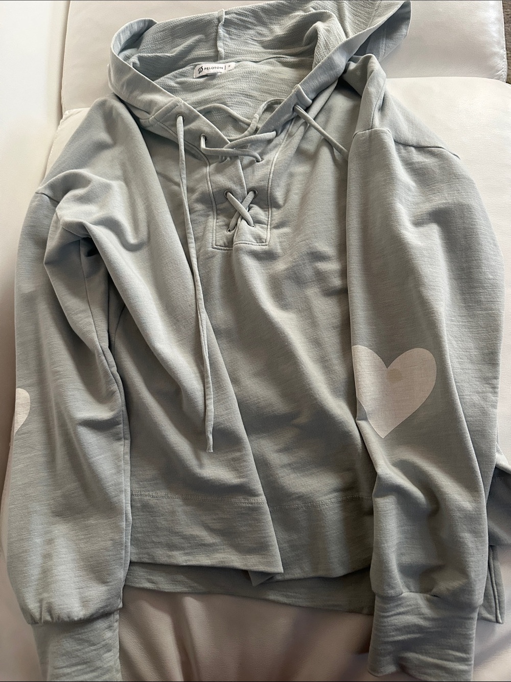 Peloton Light Gray Lace-Up Hoodie with Heart Elbow Patches